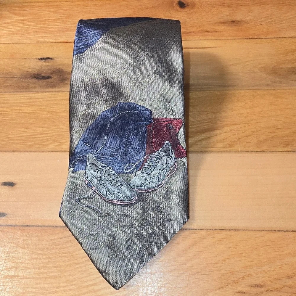 xAndrini Mens Silk Tie Sneakers Jeans Moon Graphic Print Blue Gold Handmade USA